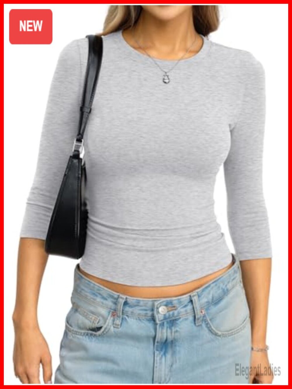Womens Cotton 3/4 Sleeve Slim Fit Crew Neck T-Shirt Basic Top